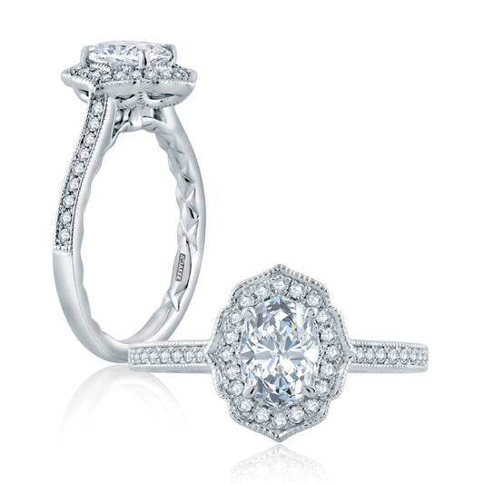 Floral Inspired Milgrain Detail Halo Oval Engagement Ring ME2194Q/93