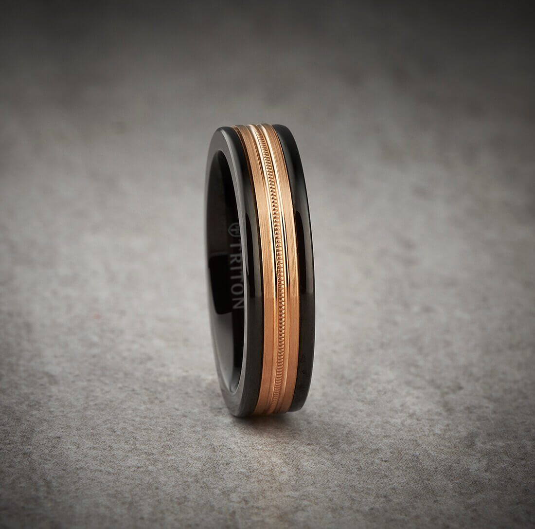 6MM Black Tungsten Carbide Ring - Center Milgrain 14K Rose Gold Insert with Round Edge