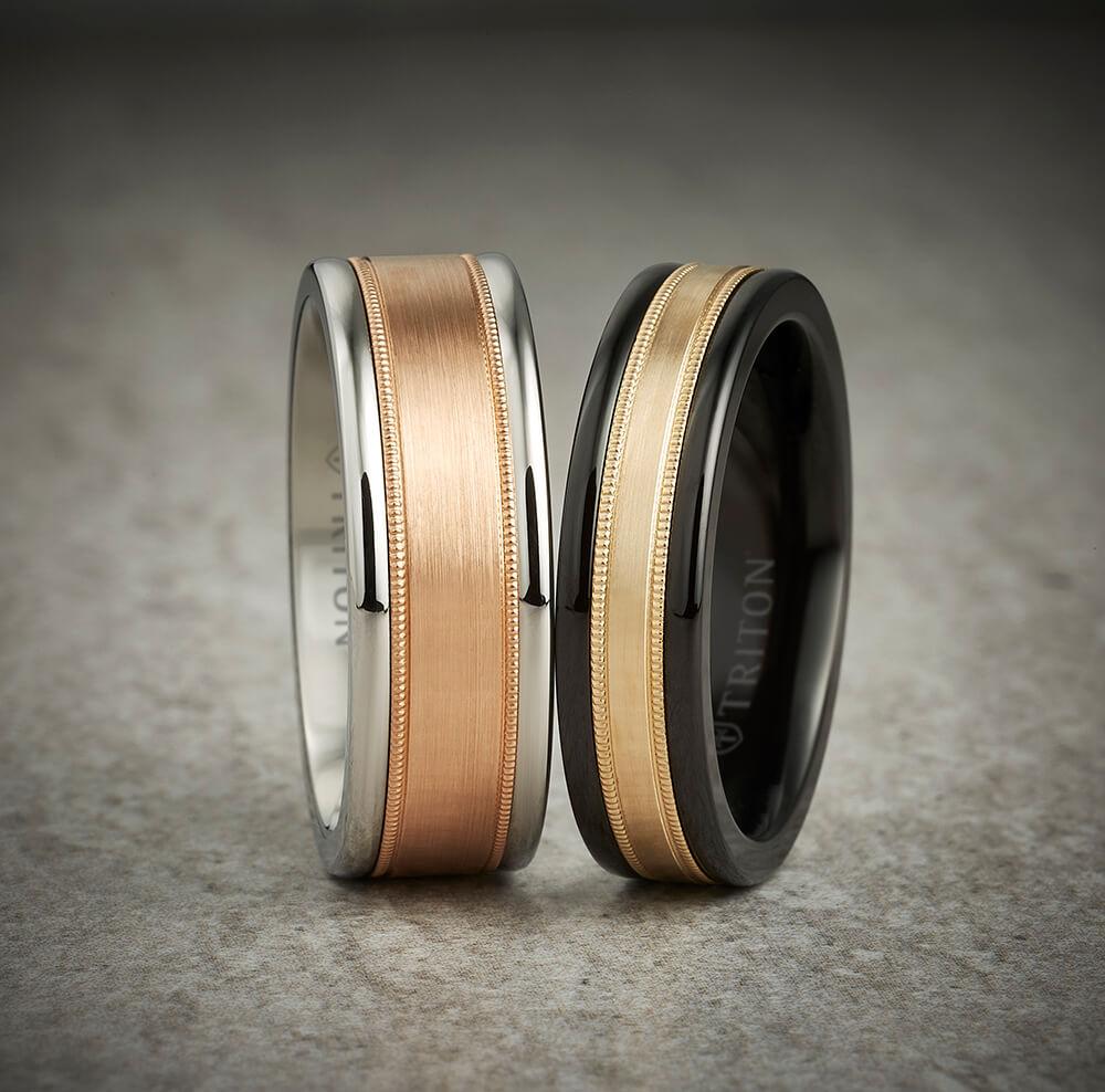 8MM Black Tungsten Carbide Ring - Flat Milgrain 14K Yellow Gold Insert with Round Edge