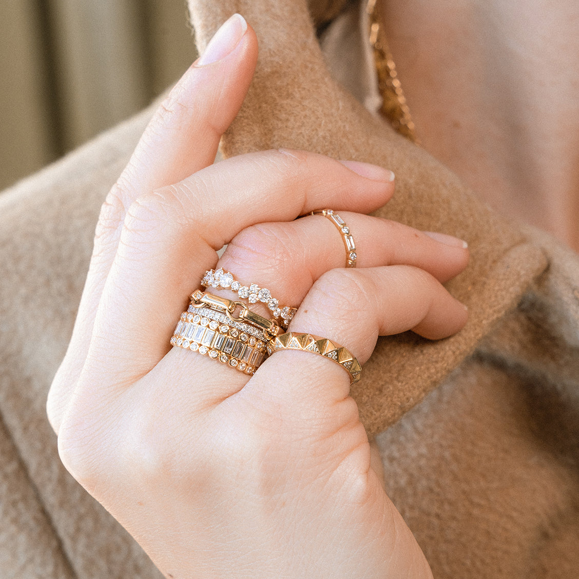 Gold Baguette & Round Bezel Diamond Stacked Eternity Ring