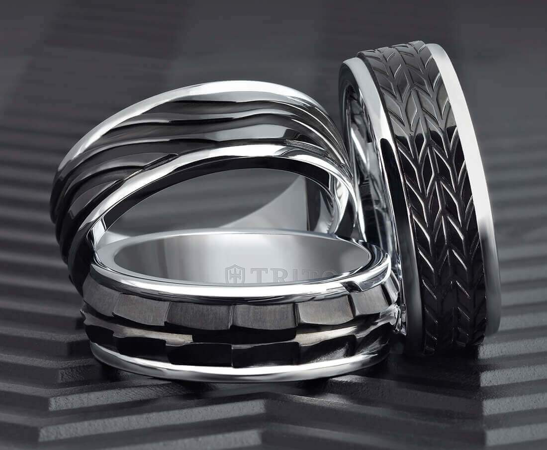 8MM Grey Tungsten Carbide Ring - Wave Black Titanium Insert with Round Edge