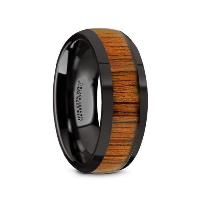 LINDEN Black Ceramic Polished Finish Men's Domed Wedding Band with Koa Wood Inlay - 8mm - Thorsten Rings