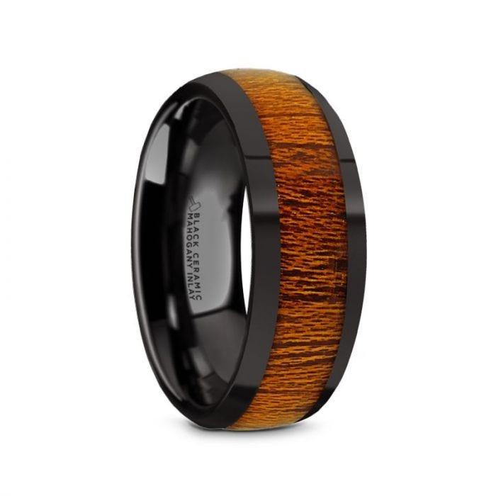 MABINI Black Ceramic Mahogany Wood Inlaid Men's Domed Wedding Band with Polished Finish - 8mm - Thorsten Rings