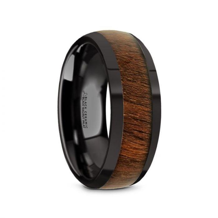 WALLACE Black Ceramic Polished Finish Men's Domed Wedding Band with Black Walnut Inlay - 8mm - Thorsten Rings