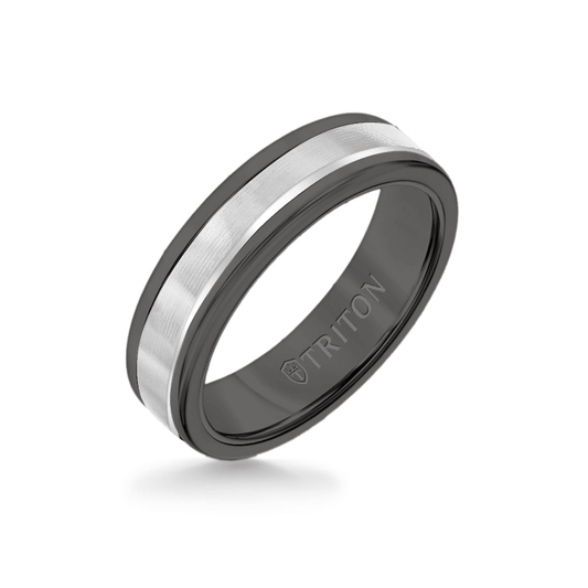6MM Black Tungsten Carbide Ring - Linear 14K White Gold Insert with Round Edge