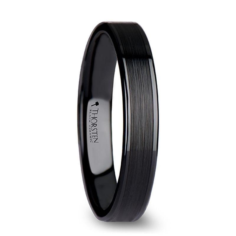 OLIVIA Women's Flat Black Ceramic Ring with Brushed Center & Polished Edges - 4mm - Thorsten Rings