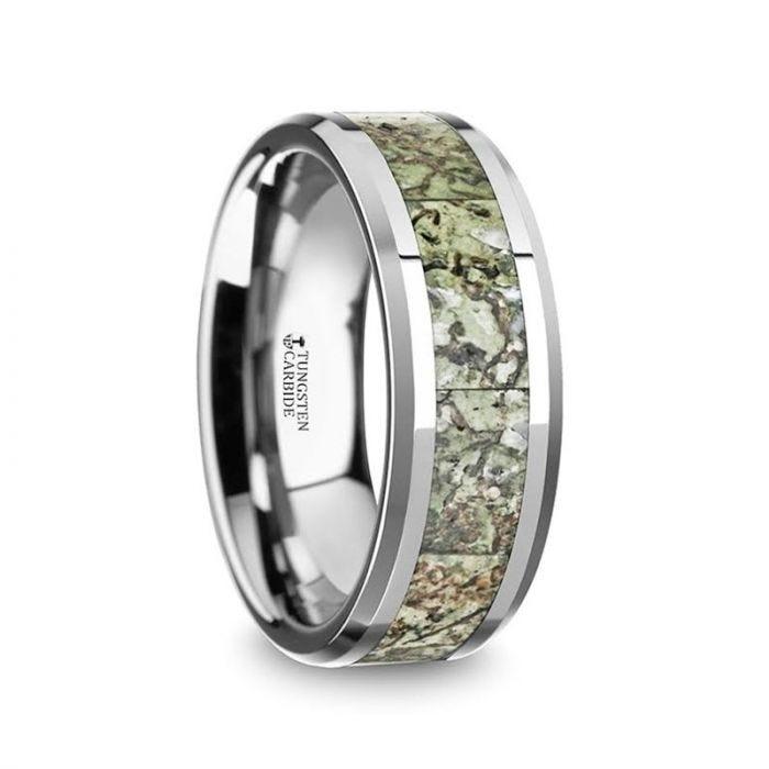 TARGARYEN Men's Tungsten Wedding Band with Green Dinosaur Bone Inlay & Beveled Edges - 8mm - Thorsten Rings
