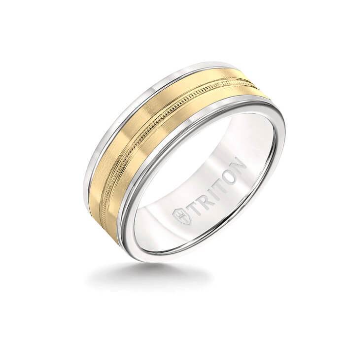 8MM White Tungsten Carbide Ring - Center Milgrain 14K Yellow Gold Insert with Round Edge