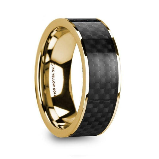 BARUCH Polished 14k Yellow Gold Men's Wedding Ring with Black Carbon Fiber Inlay - 8mm - Thorsten Rings
