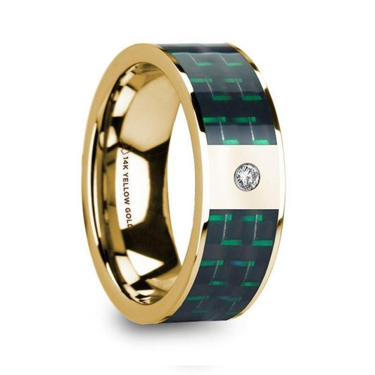 SAROS Black & Green Carbon Fiber Inlaid Polished 14k Yellow Gold Men's Ring with Diamond - 8mm - Thorsten Rings