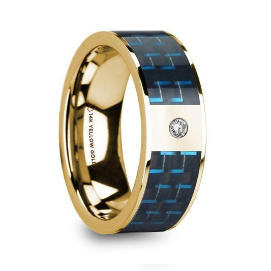 CLETUS Polished 14k Yellow Gold & Black/Blue Carbon Fiber Men's Wedding Band with Diamond - 8mm - Thorsten Rings