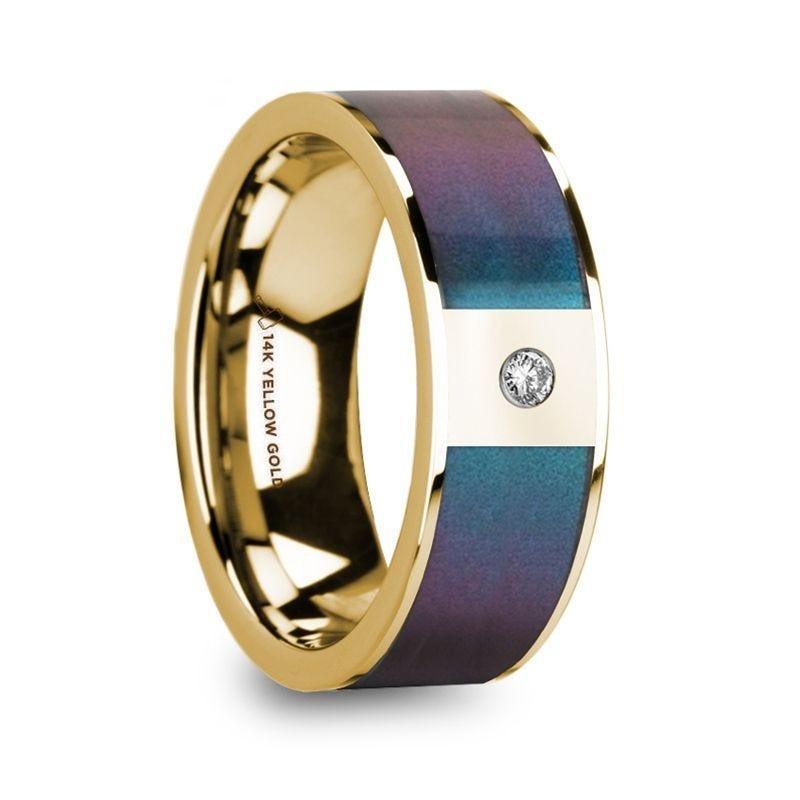 EUSEBIOS 14k Polished Yellow Gold Men���s Ring with Blue/Purple Color Changing Inlay & Diamond - 8mm