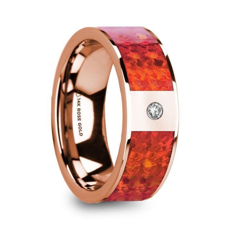 GIANNES Red Opal Inlaid Polished 14k Rose Gold Men's Wedding Ring with Diamond Accent - 8mm - Thorsten Rings