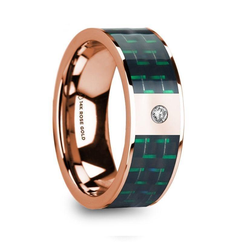 ISAAKIOS Diamond Accented 14k Rose Gold Men���s Wedding Ring with Black & Green Carbon Fiber Inlay - 8mm