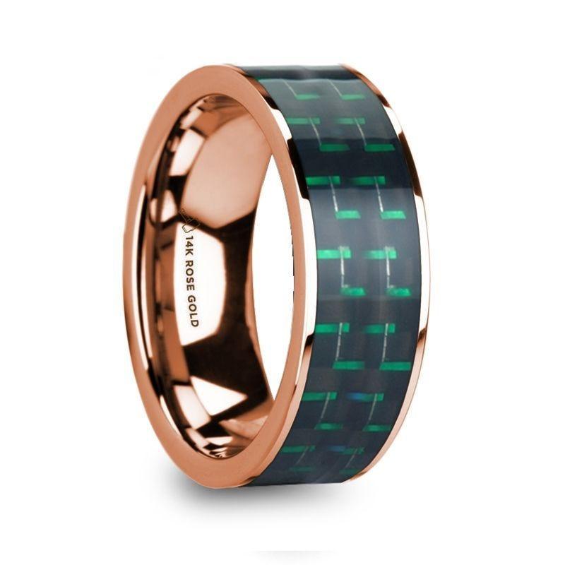 ISADORIOS Men���s Polished 14k Rose Gold Flat Ring with Black & Green Carbon Fiber Inlay - 8mm