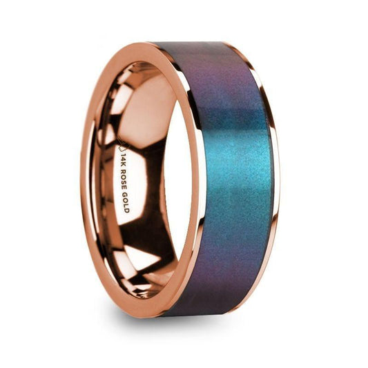 LOUKAS Blue & Purple Color Changing Inlaid Polished 14k Rose Gold Men's Wedding Ring - 8mm - Thorsten Rings
