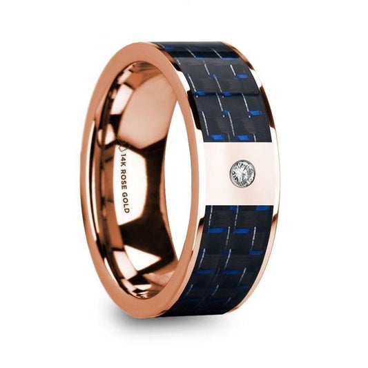 MIKHAIL Diamond Center 14k Rose Gold Men's Wedding Ring with Blue & Black Carbon Fiber Inlay - 8mm - Thorsten Rings