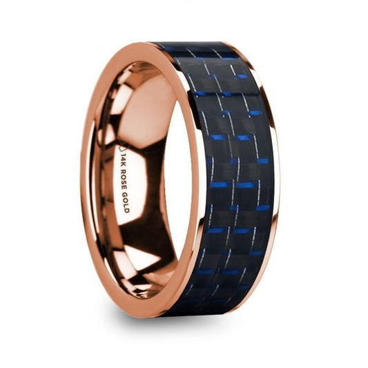 MARKOS Blue & Black Carbon Fiber Inlaid Polished 14k Rose Gold Men's Flat Wedding Ring - 8mm - Thorsten Rings