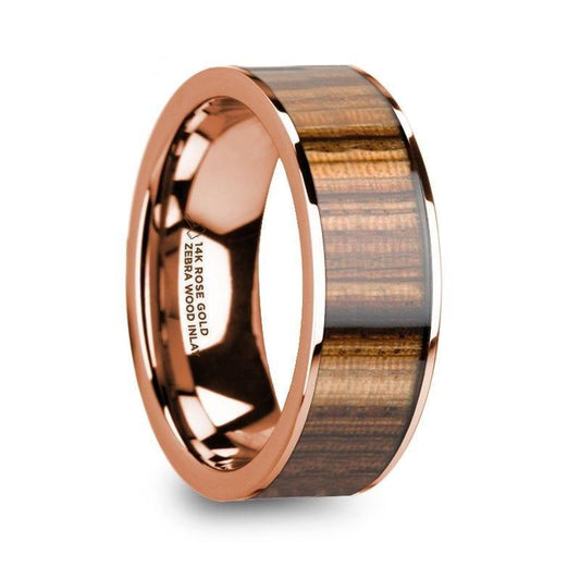 MAHAIL Men's Polished 14k Rose Gold & Zebra Wood Inlay Flat Wedding Ring - 8mm - Thorsten Rings