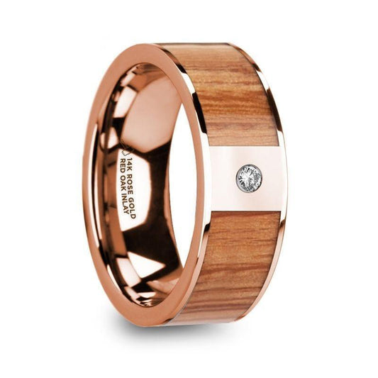 MARINOS Polished 14k Rose Gold Men's Wedding Band with Red Oak Wood Inlay & Diamond Accent - 8mm - Thorsten Rings