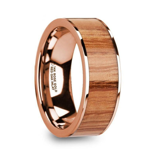 MILOS Polished Flat 14k Rose Gold Men's Wedding Ring with Red Oak Wood Inlay - 8mm - Thorsten Rings