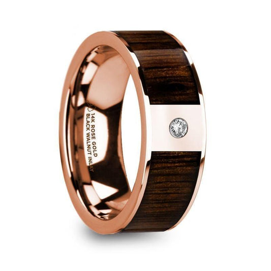 MITROS Men's Polished 14k Rose Gold & Black Walnut Inlay Wedding Ring with Diamond - 8mm - Thorsten Rings
