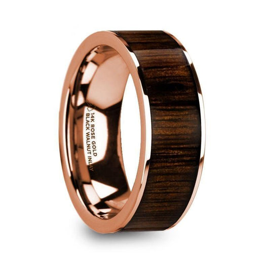 MITSOS Polished 14k Rose Gold Men's Ring with Black Walnut Wood Inlay - 8mm - Thorsten Rings