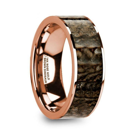 ORESTE Polished 14k Rose Gold Men's Flat Wedding Ring with Brown Dinosaur Bone Inlay - 8mm - Thorsten Rings