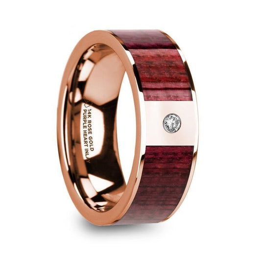 ORESTES Men's Polished 14k Rose Gold Wedding Band with Purpleheart Wood Inlay & Diamond - 8mm - Thorsten Rings