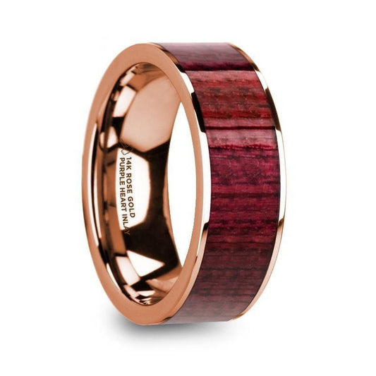 PAVLOS Purpleheart Inlaid 14k Rose Gold Men's Wedding Band with Polished Finish - 8mm - Thorsten Rings