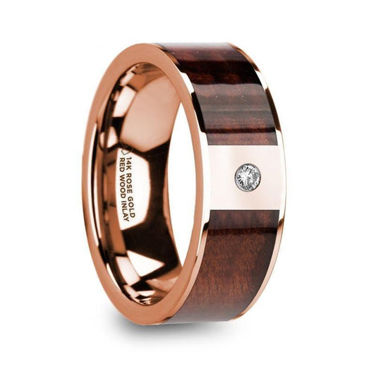 PETROS Red Wood Inlaid Polished 14k Rose Gold Men's Wedding Ring with Diamond Center - 8mm - Thorsten Rings