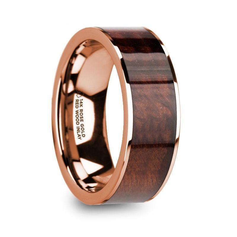 ROUVIN Polished 14k Rose Gold Men���s Wedding Band with Red Wood Inlay - 8mm