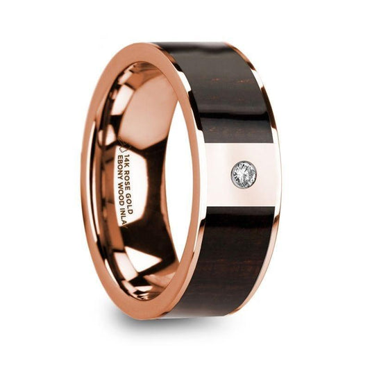 ROMANOS Men's Polished 14k Rose Gold & Ebony Wood Inlaid Wedding Ring with Diamond Center - 8mm - Thorsten Rings