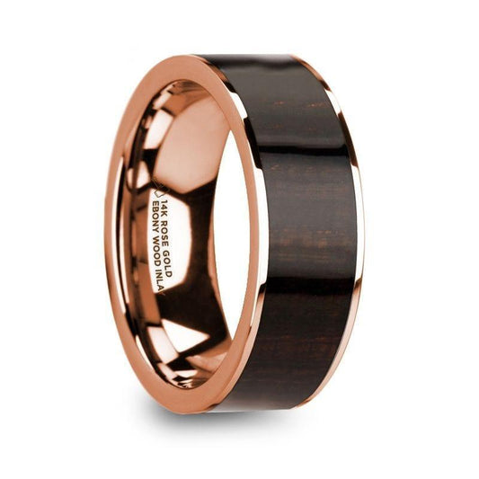 SERAPHIM Men's Polished 14k Rose Gold with Ebony Wood Inlay Wedding Ring - 8mm - Thorsten Rings