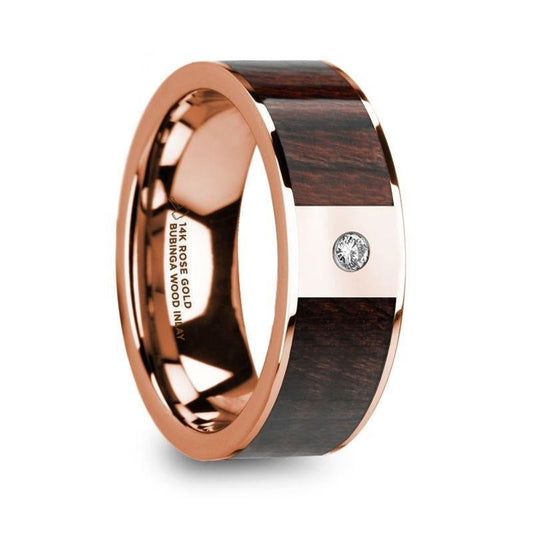 SILVANOS Polished 14k Rose Gold Men's Wedding Band with Bubinga Wood Inlay & Diamond - 8mm - Thorsten Rings