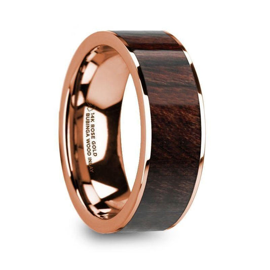 SOTERIOS 14K Rose Gold Men's Flat Wedding Ring with Bubinga Wood Inlay - 8mm - Thorsten Rings