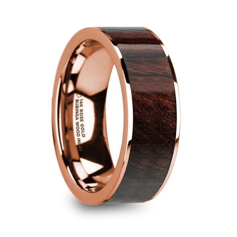 SOTERIOS 14K Rose Gold Men���s Flat Wedding Ring with Bubinga Wood Inlay - 8mm