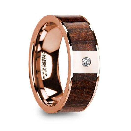 SPIRIDON Men's Diamond Center Polished 14k Rose Gold Wedding Band with Carpathian Wood Inlay - 8mm - Thorsten Rings