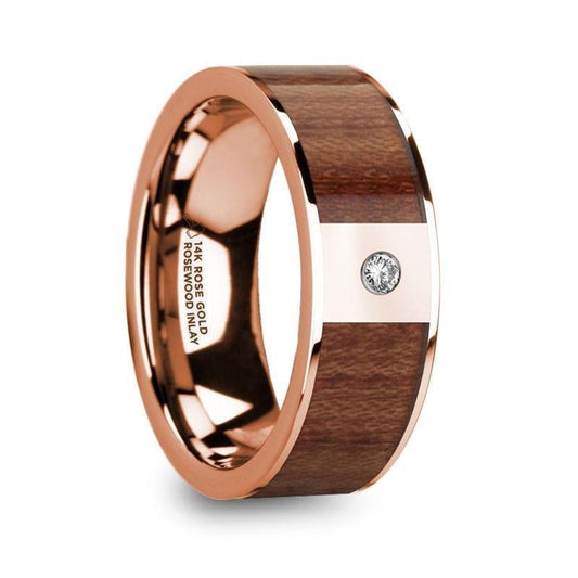 THANASIS Polished 14k Rose Gold Men's Wedding Ring with Rosewood Inlay & Diamond Center - 8mm - Thorsten Rings