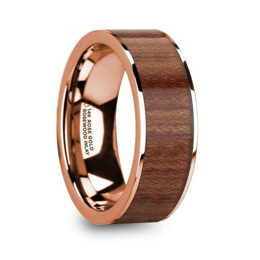 TITOS 14k Rose Gold Men's Wedding Band with Rosewood Inlay & Polished Finish - 8mm - Thorsten Rings