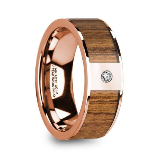 VASILIS Men's Polished 14k Rose Gold & Teak Wood Inlaid Wedding Band with Diamond - 8mm - Thorsten Rings