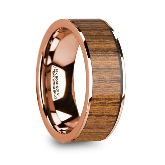 VERNADOS Polished 14k Rose Gold Men's Wedding Band with Teak Wood Inlay - 8mm - Thorsten Rings