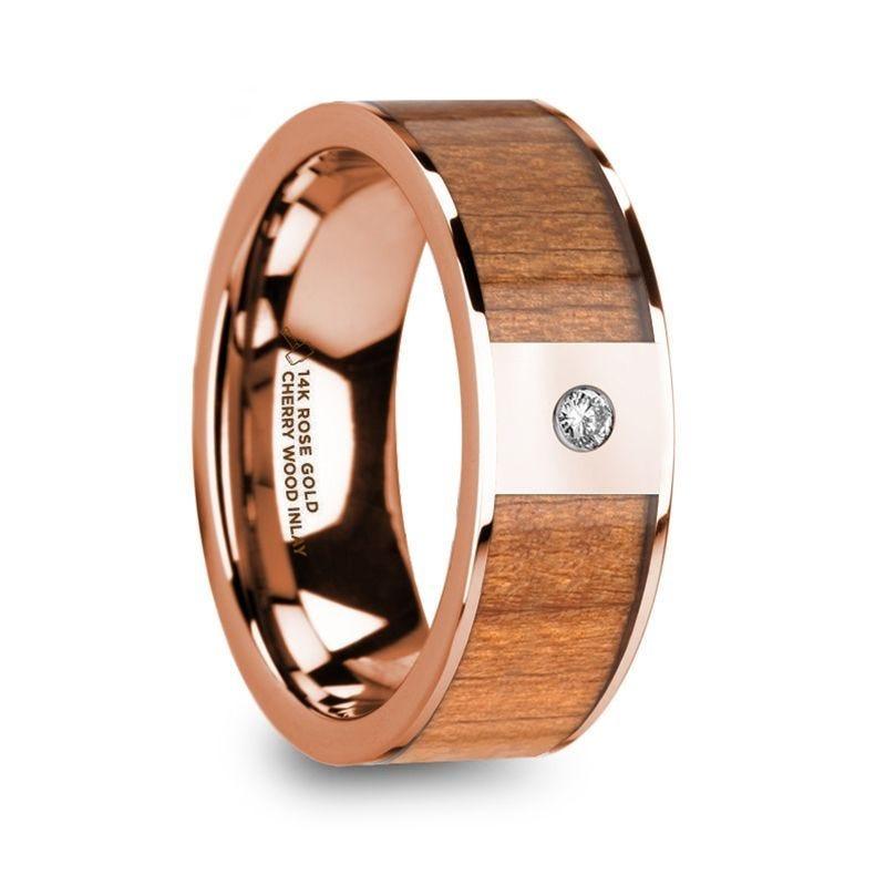ZENON Men���s Polished 14k Rose Gold Wedding Band with Cherry Wood Inlay & Diamond Center - 8mm