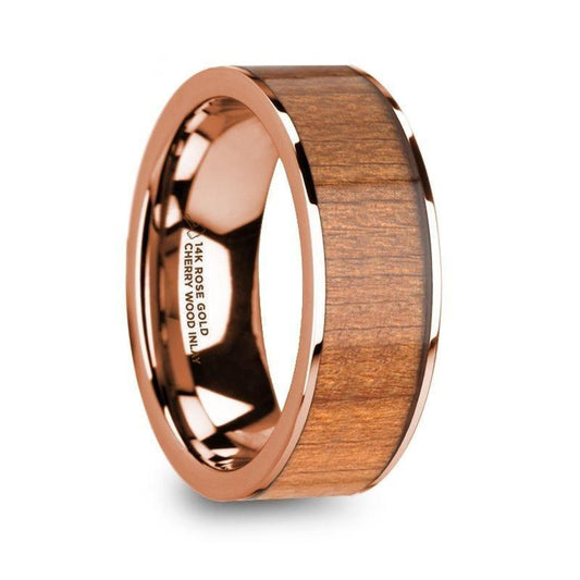 ZACHEUS Polished 14k Rose Gold & Cherry Wood Inlay Men's Flat Wedding Ring - 8mm - Thorsten Rings