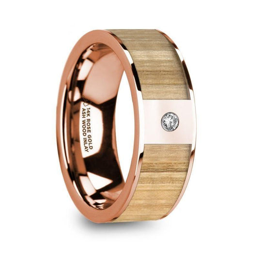 ZACHAIOS Men's Polished Rose Gold Flat Wedding Band with Ash Wood Inlay & Diamond - 8mm - Thorsten Rings