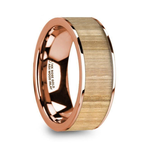 NICOMEDES Polished 14K Rose Gold Men's Wedding Ring with Ash Wood Inlay - 8mm - Thorsten Rings