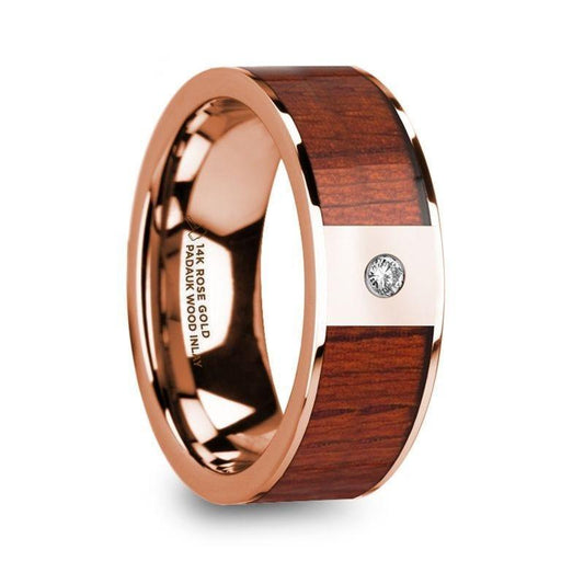 NIKANDROS Men's 14k Rose Gold Polished Wedding Ring with Padauk Wood Inlay & Diamond - 8mm - Thorsten Rings