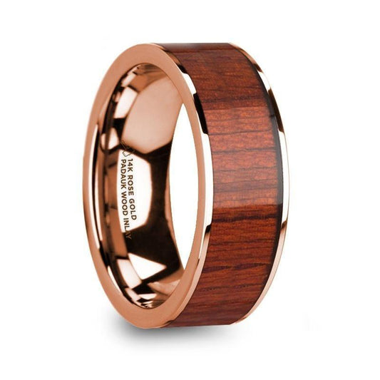NIKANOR Polished Finish 14k Rose Gold Men's Wedding Band with Padauk Wood Inlay - 8mm - Thorsten Rings