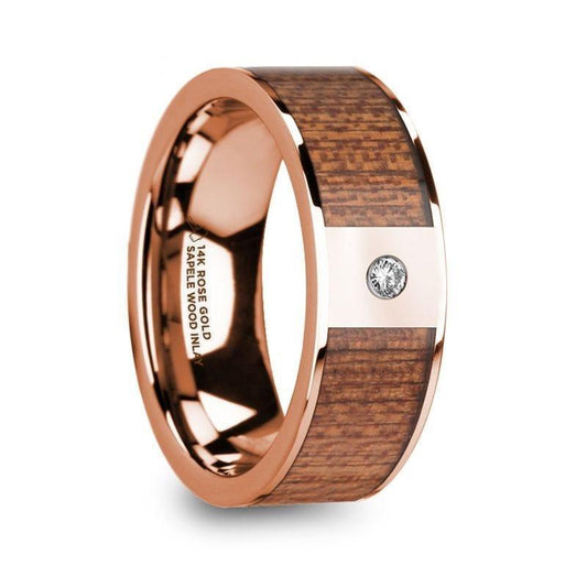 NIKEPHOROS Sapele Wood Inlaid Polished 14k Rose Gold Men's Wedding Ring with Diamond Center - 8mm - Thorsten Rings