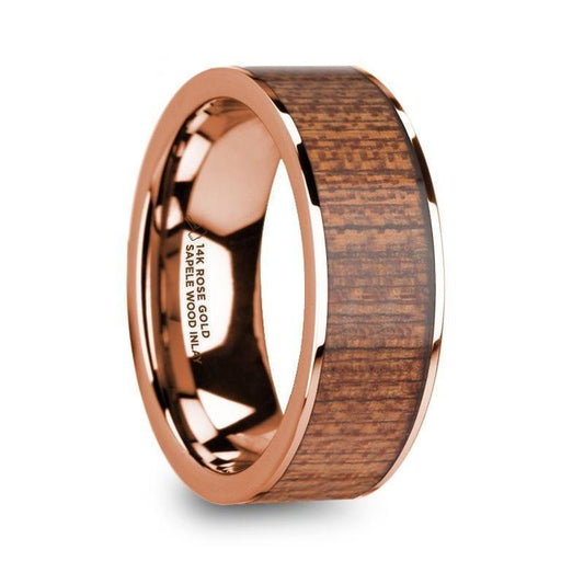 NIKETAS Men's 14k Rose Gold Wedding Band with Sapele Wood Inlay & Polished Finish - 8mm - Thorsten Rings